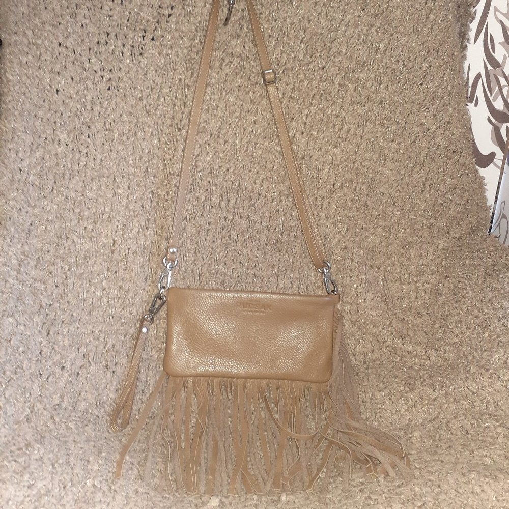 RUDSAK-Crossbody/Wristlet/Shoulder-Taupe Brown Leather-Fringed-Near Mint
